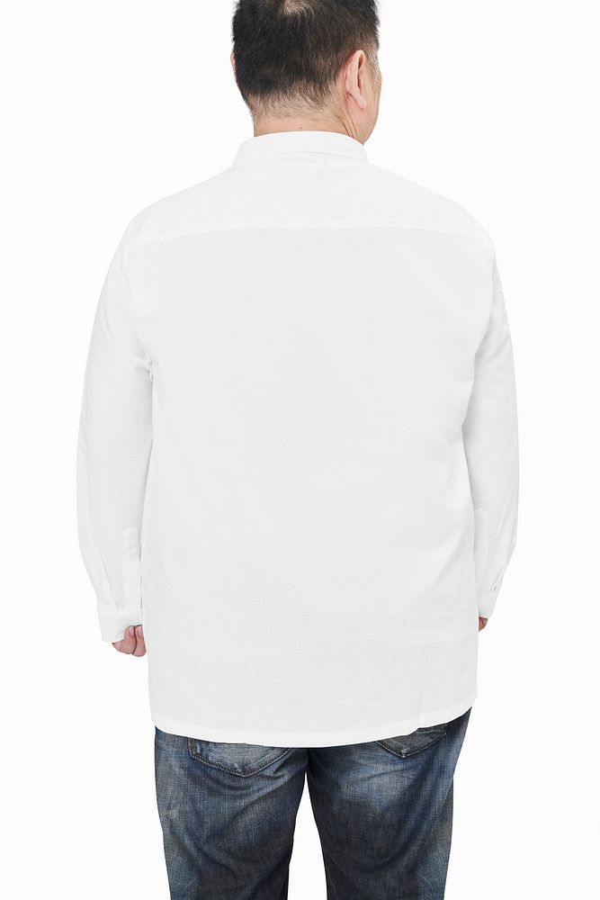 Plus size male model white shirt jeans apparel mockup psd