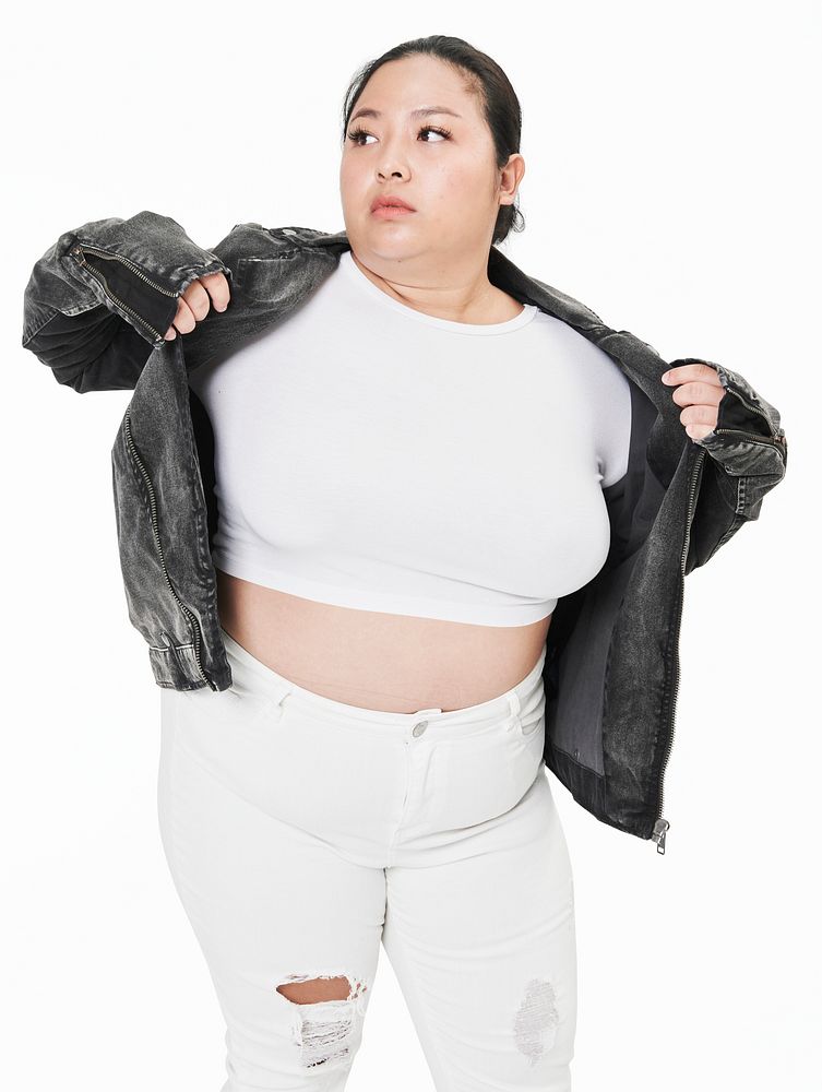 Plus size women's white tee jacket and jeans studio shot