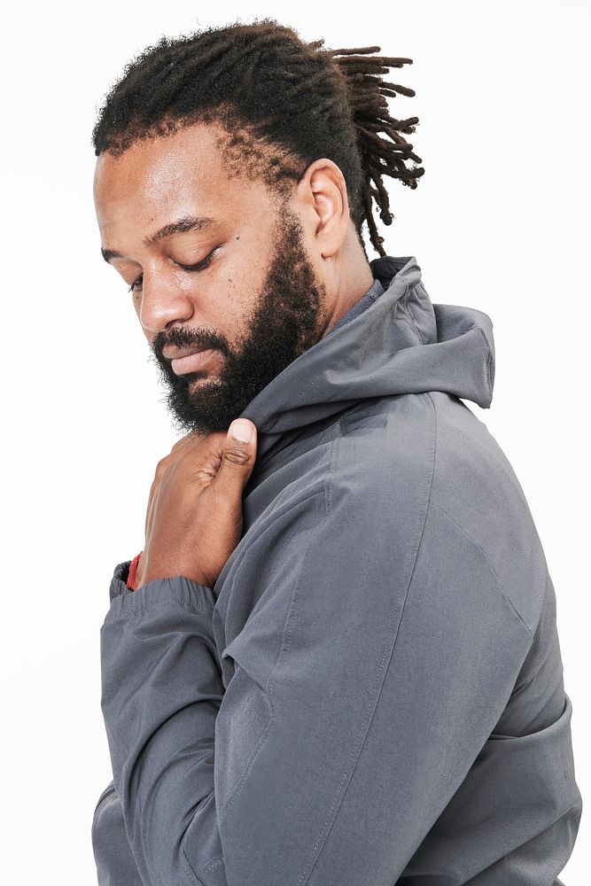 Men's gray hoodie mockup fashion shoot in studio