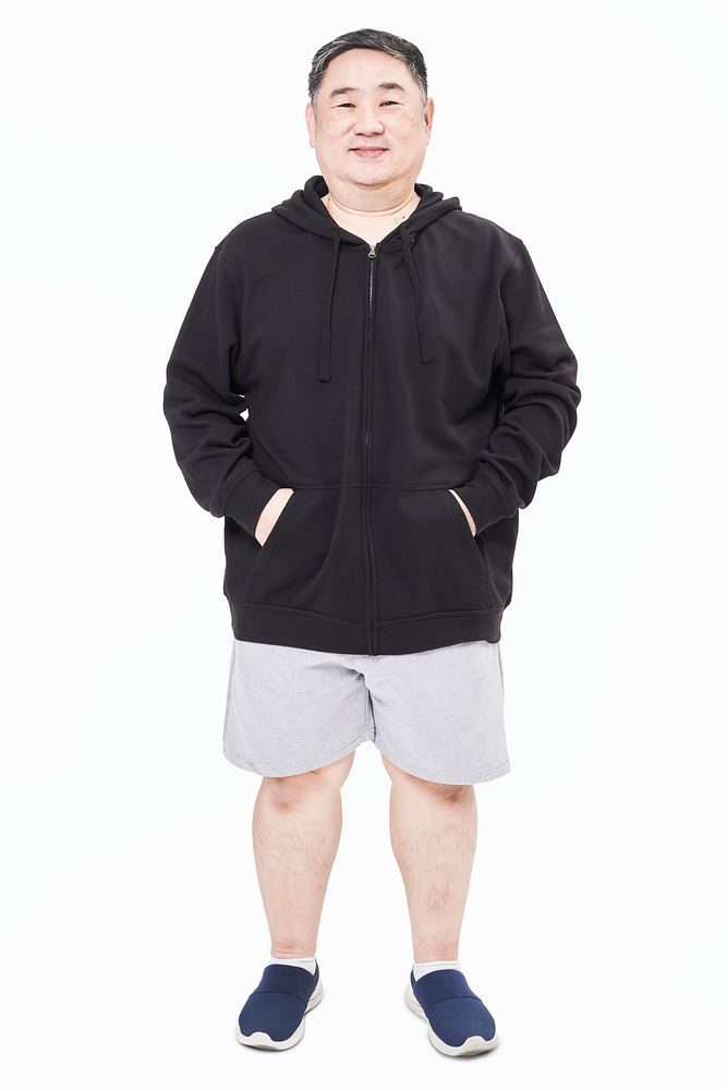 Men's black hoodie mockup fashion shoot in studio