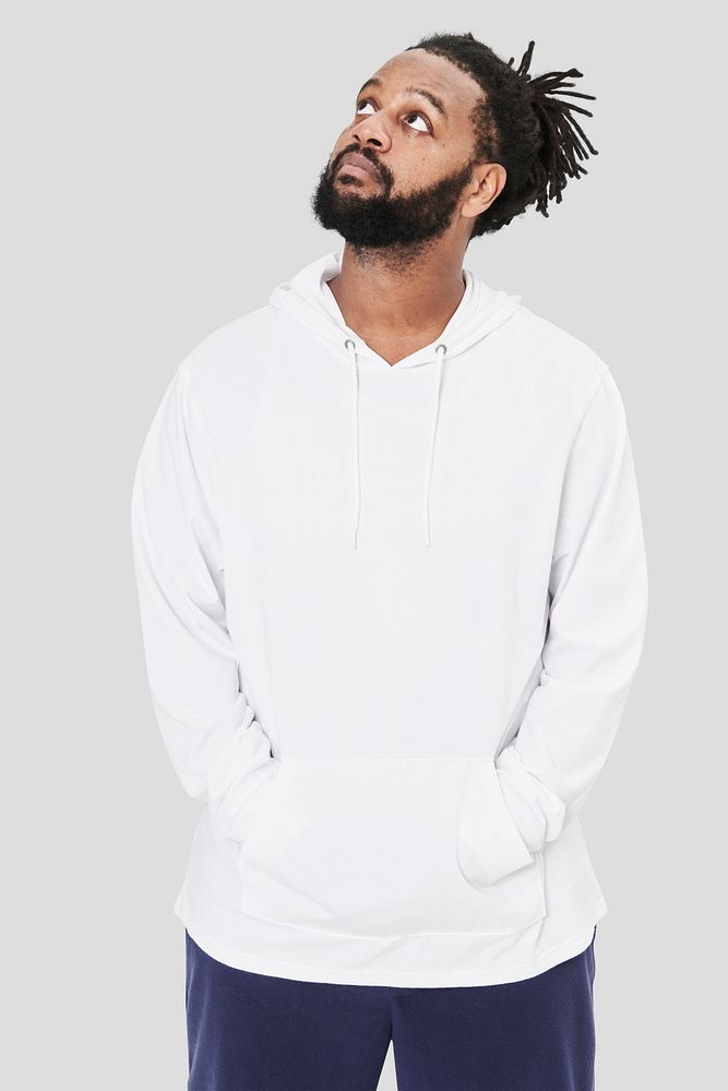 Men's white hoodie mockup psd fashion shoot in studio