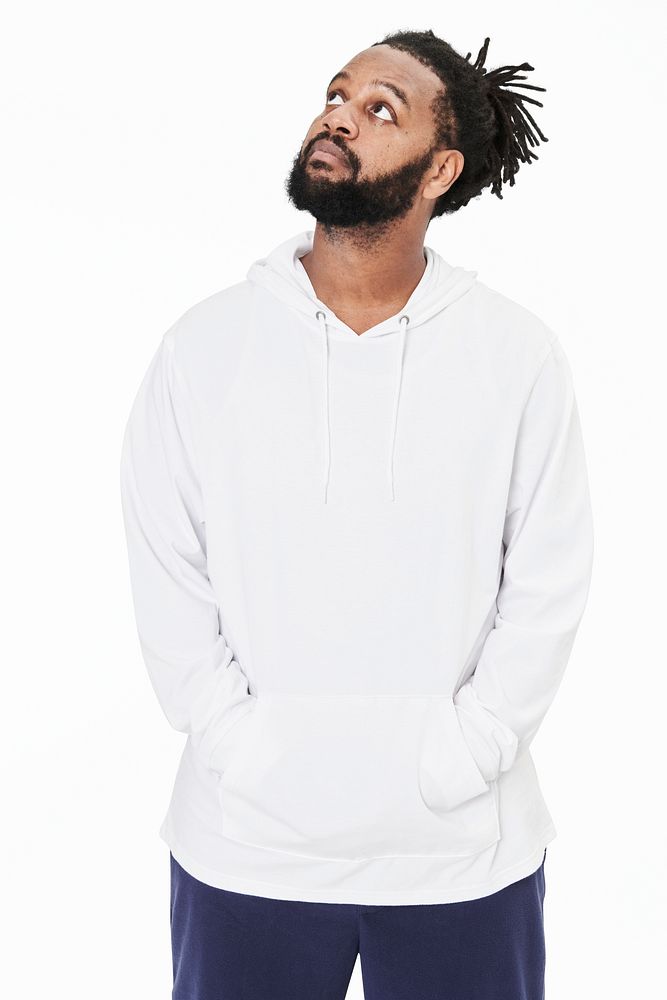 Men's white hoodie fashion shoot in studio