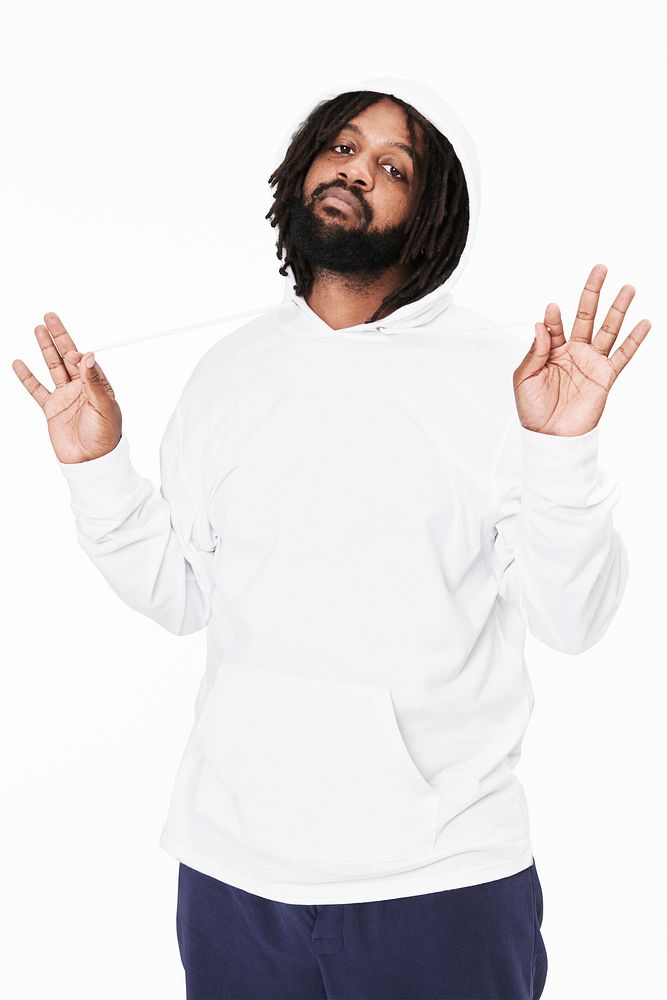 Men's white hoodie mockup psd fashion shoot in studio