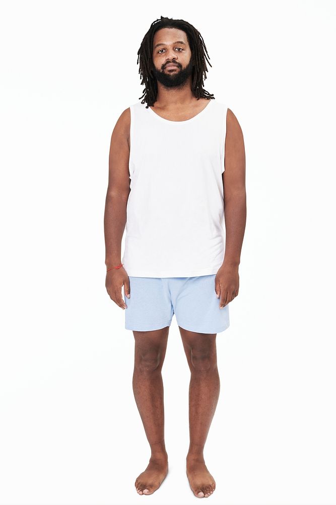 Men's white tank top and shorts psd mockup fashion shoot in studio