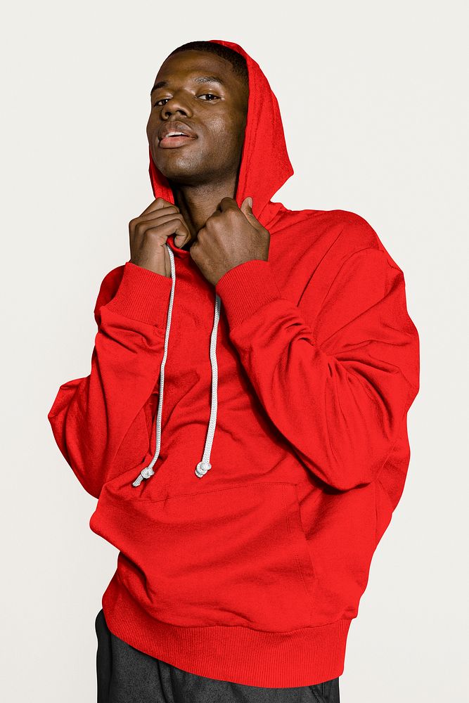 Red hoodie mockup, men's streetwear apparel psd
