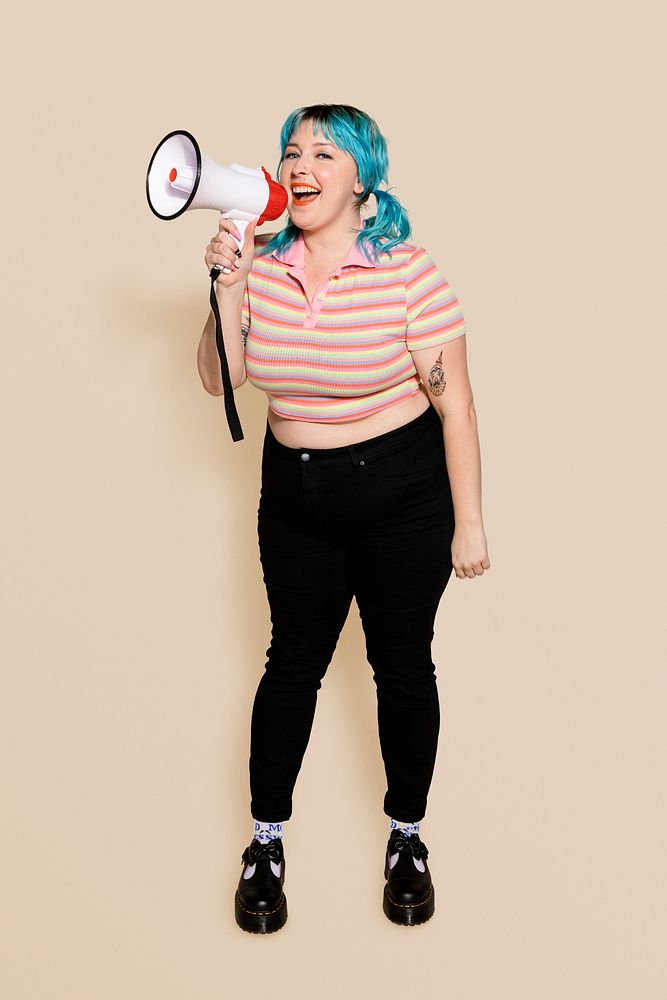 Feminist protesting with megaphone, shouting out message