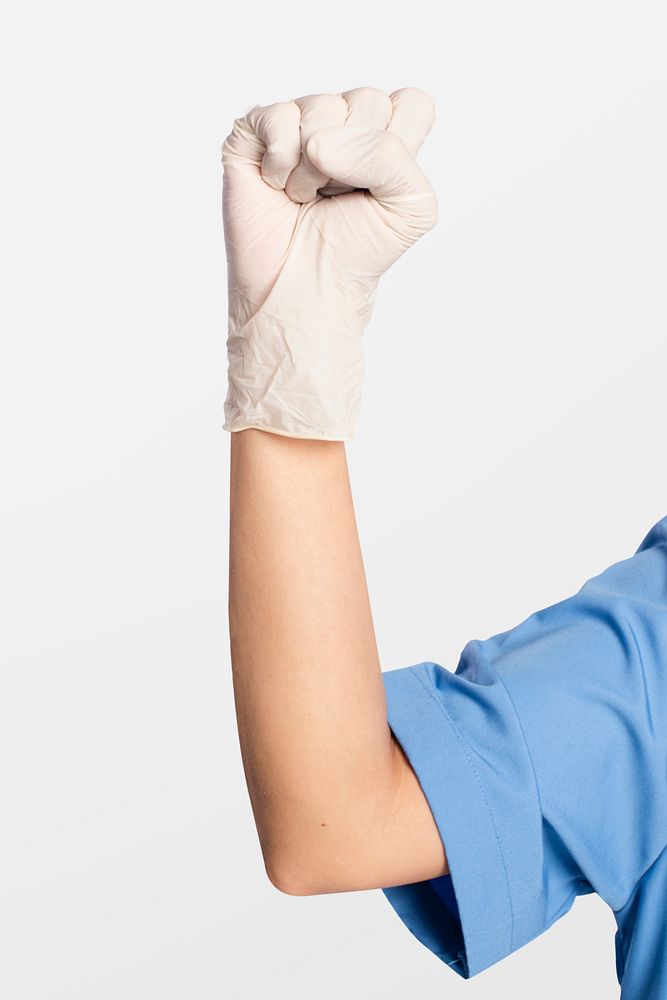 Medical gloves showing a fist