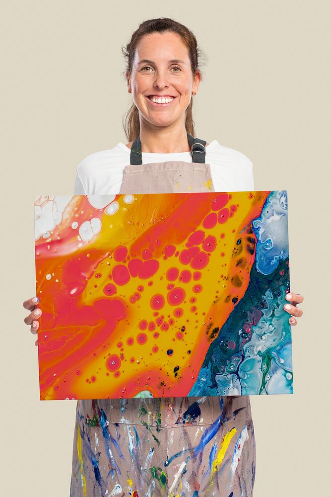Female artist mockup psd showing a canvas with fluid artwork