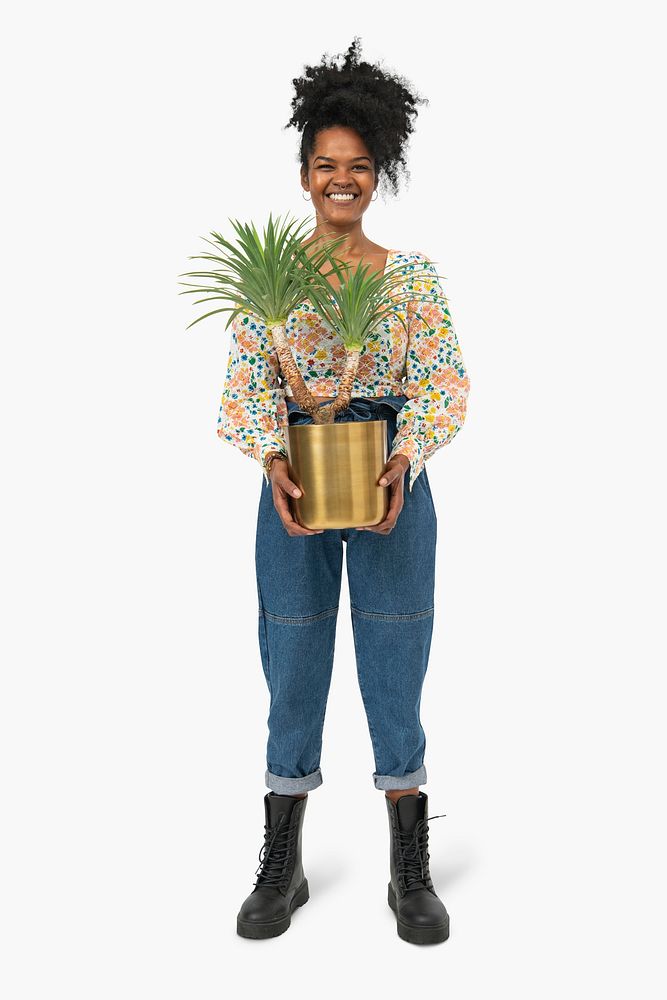 Asian plant parent holding potted agave