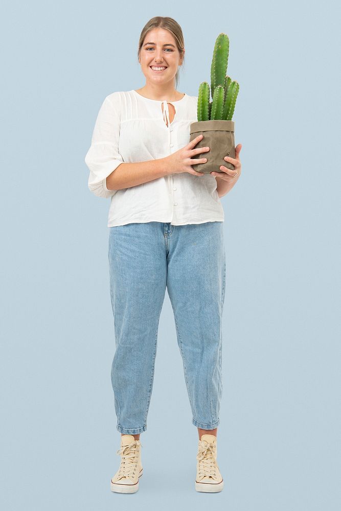 Happy plant lady mockup psd holding potted cereus cactus