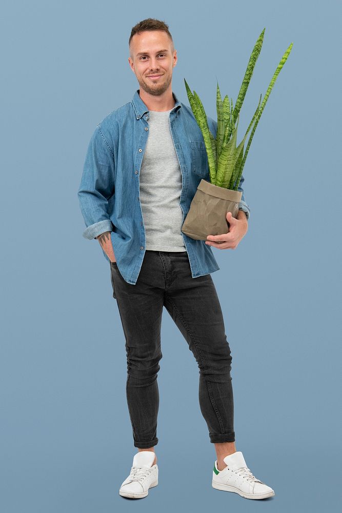 Plant parent mockup psd holding potted snake plant