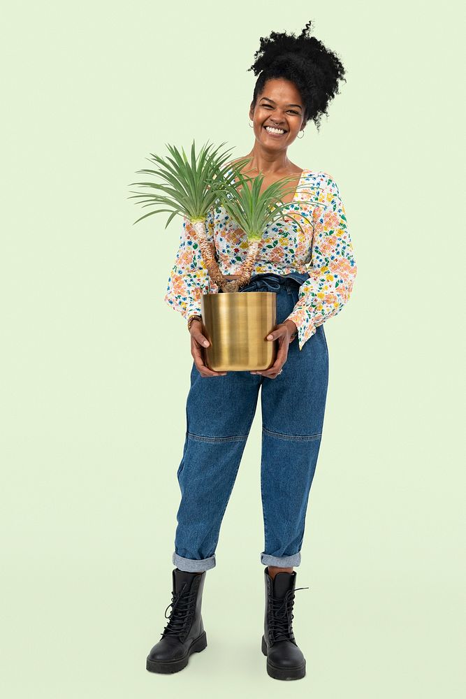 Happy plant parent mockup psd holding potted agave