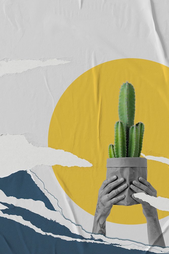 Cactus houseplant mockup psd retro collage remix with ripped papers