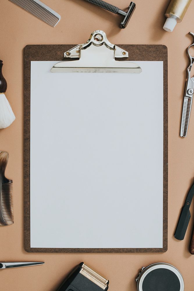 Vintage paper clipboard mockup psd salon tools in jobs and career concept