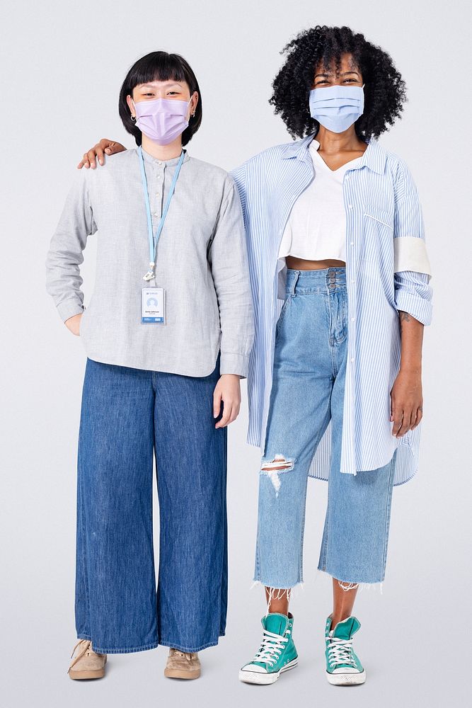 Diverse women volunteers mockup psd wearing face mask in the new normal full body