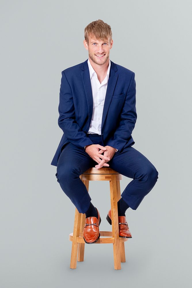  Successful businessman sitting mockup psd on a wooden stool jobs and career campaign