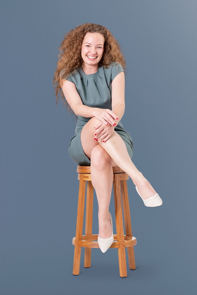  Successful businesswoman sitting mockup psd on a wooden stool jobs and career campaign