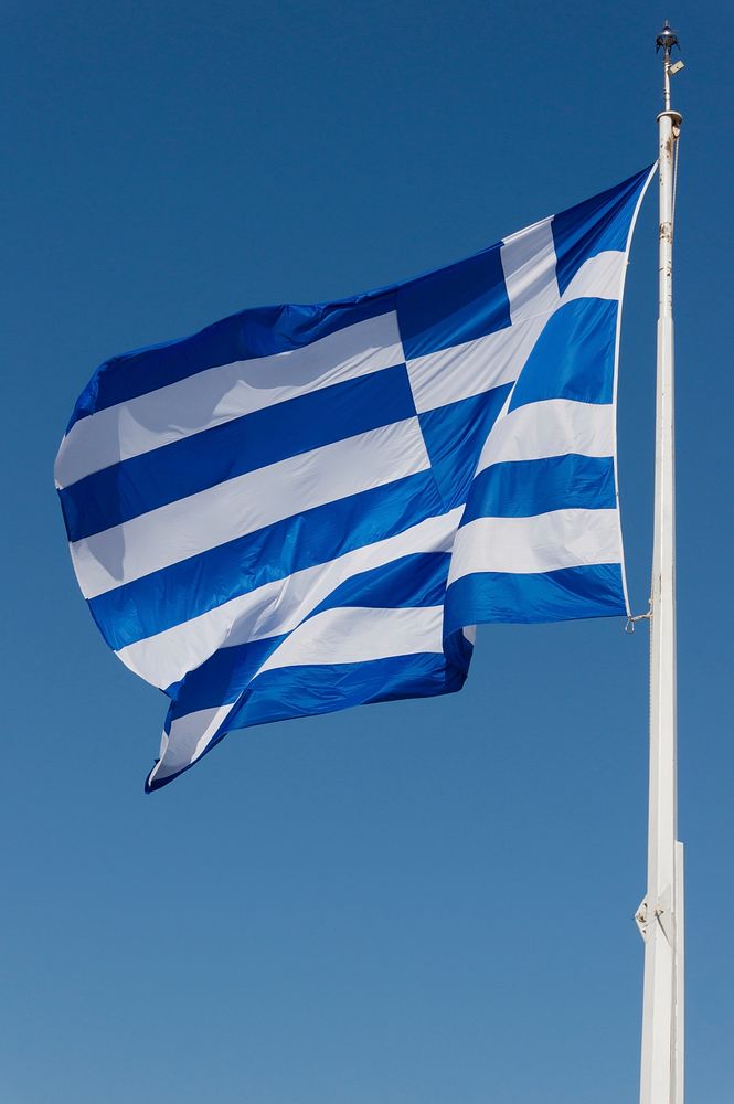 Flag of the Hellenic Republic, Acropolis, Athens, Greece. Original public domain image from Wikimedia Commons