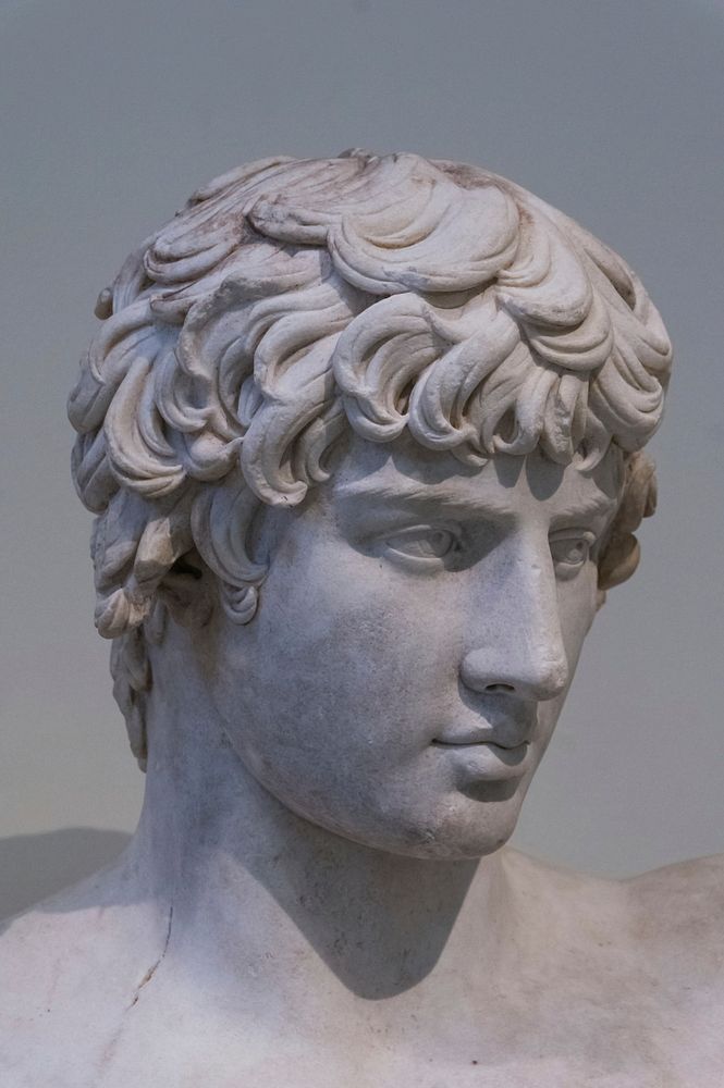 Marble portrait bust of Antinous, from Patras, Peloponnese AD 130-138, detail. The portrait is made of Thasian marble.
