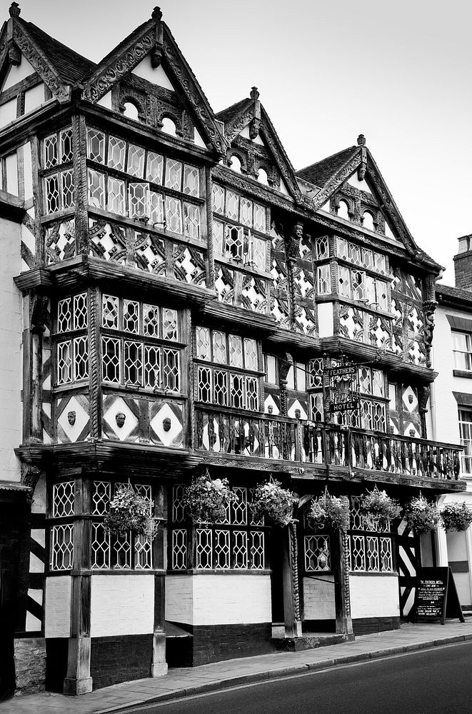 The Feathers Hotel. Located in Ludlow, Shropshire, England, UK. Original public domain image from Wikimedia Commons