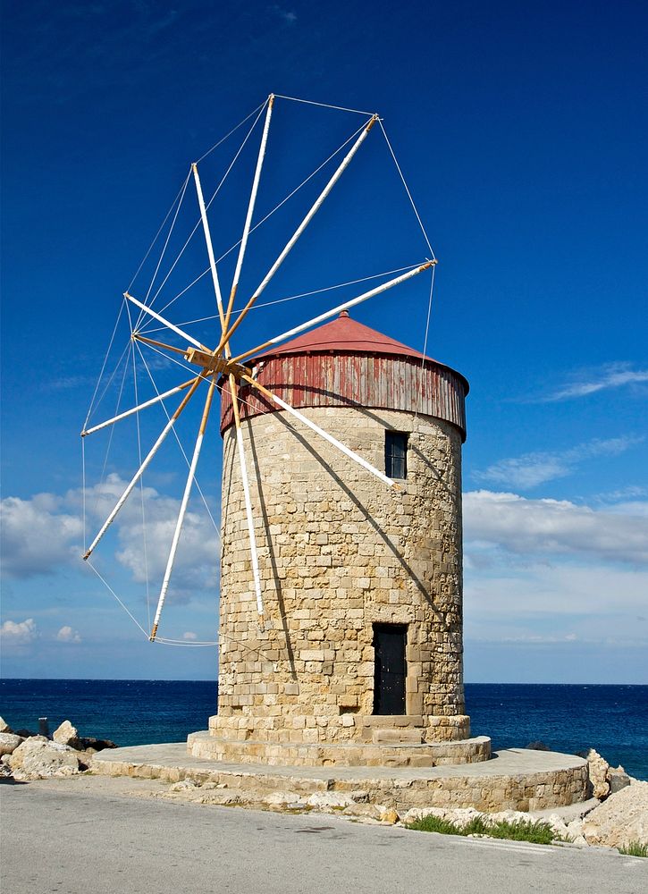 Windmill (14th century, restored) on the harbour of Rhodes, Greece. Original public domain image from Wikimedia Commons