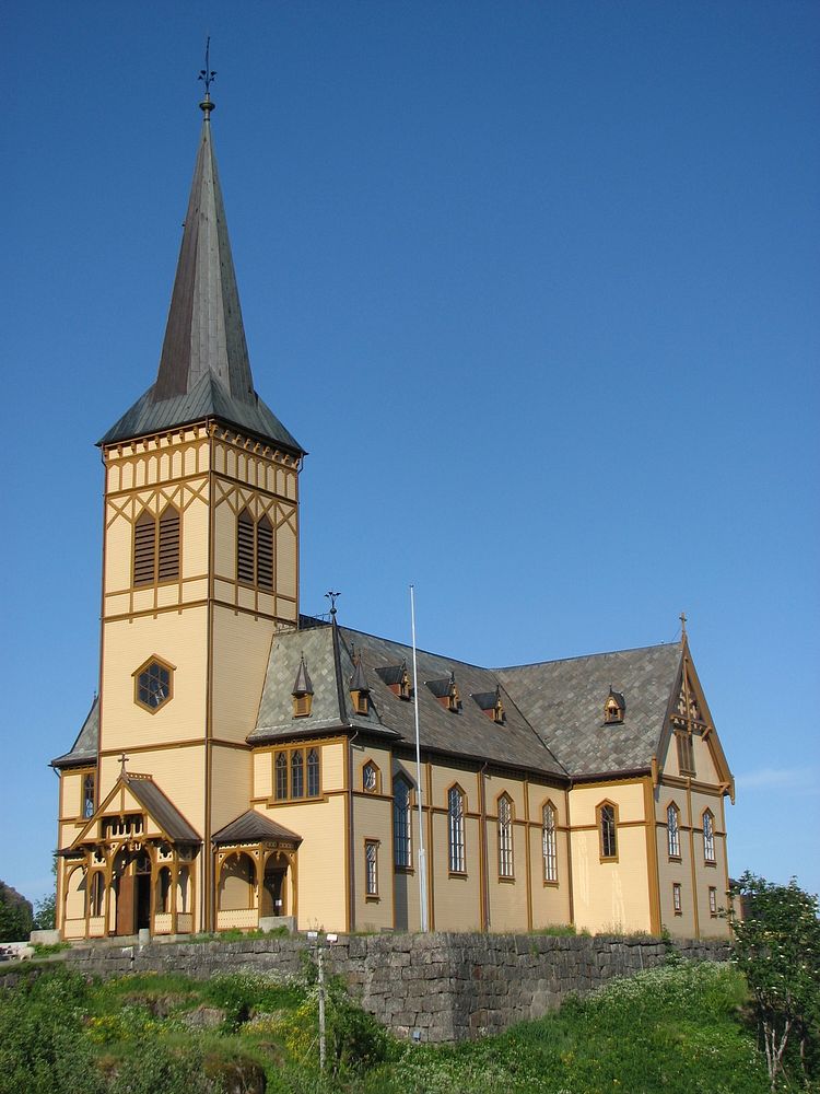 Vågan Church (Lofoten Cathedral) in Kabelvåg, Nordland in Norway from 1898. Wooden church in Gothic revival style. Architect…