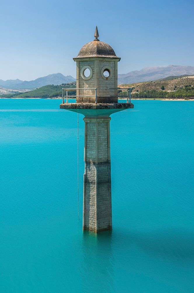 Watch tower of the dam, Embalse de los Bermejales, Arenas del Rey, Andalusia, Spain. Original public domain image from…