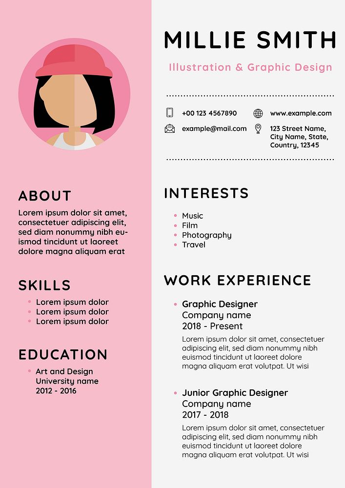 Feminine CV editable template vector resume for entry level and professionals
