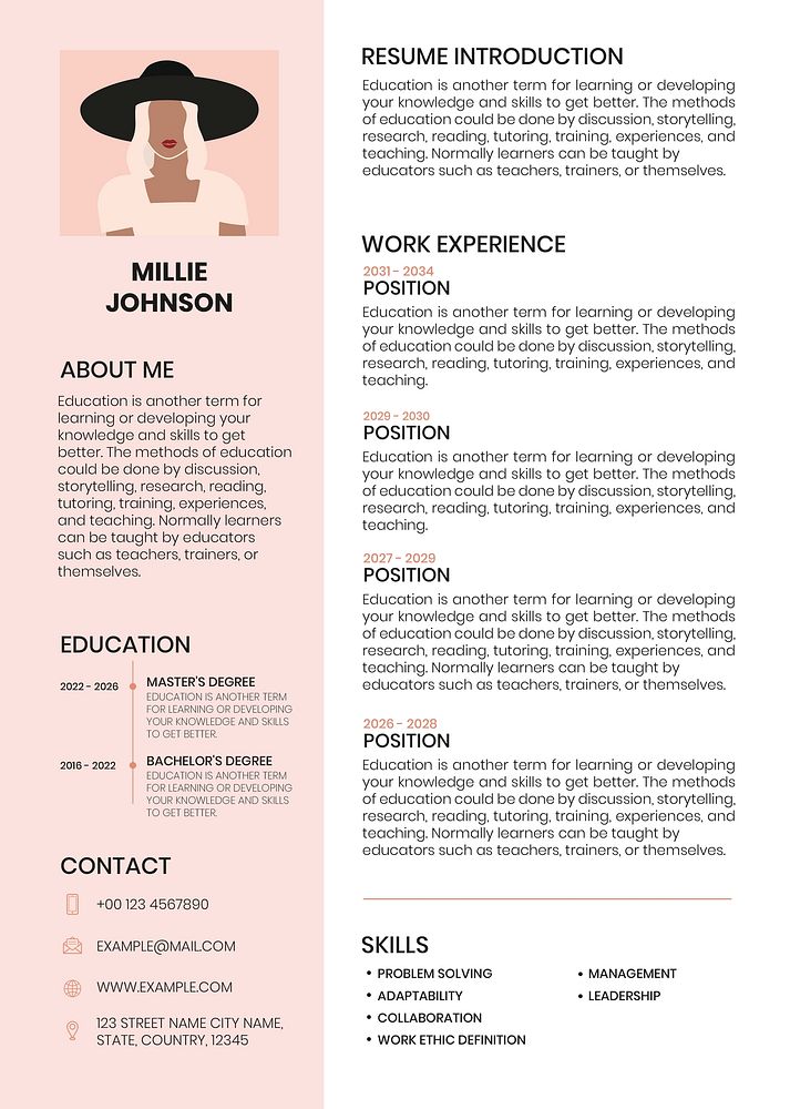 Feminine editable resume template downloadable psd curriculum vitae