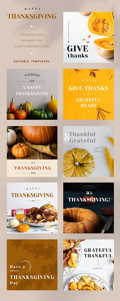 Thanksgiving editable template vector set for social media posts