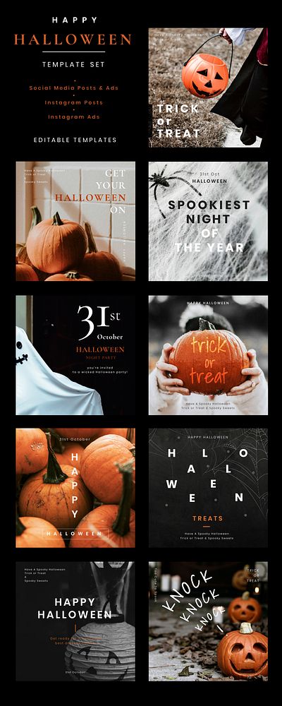 Halloween vector editable template set for social media posts