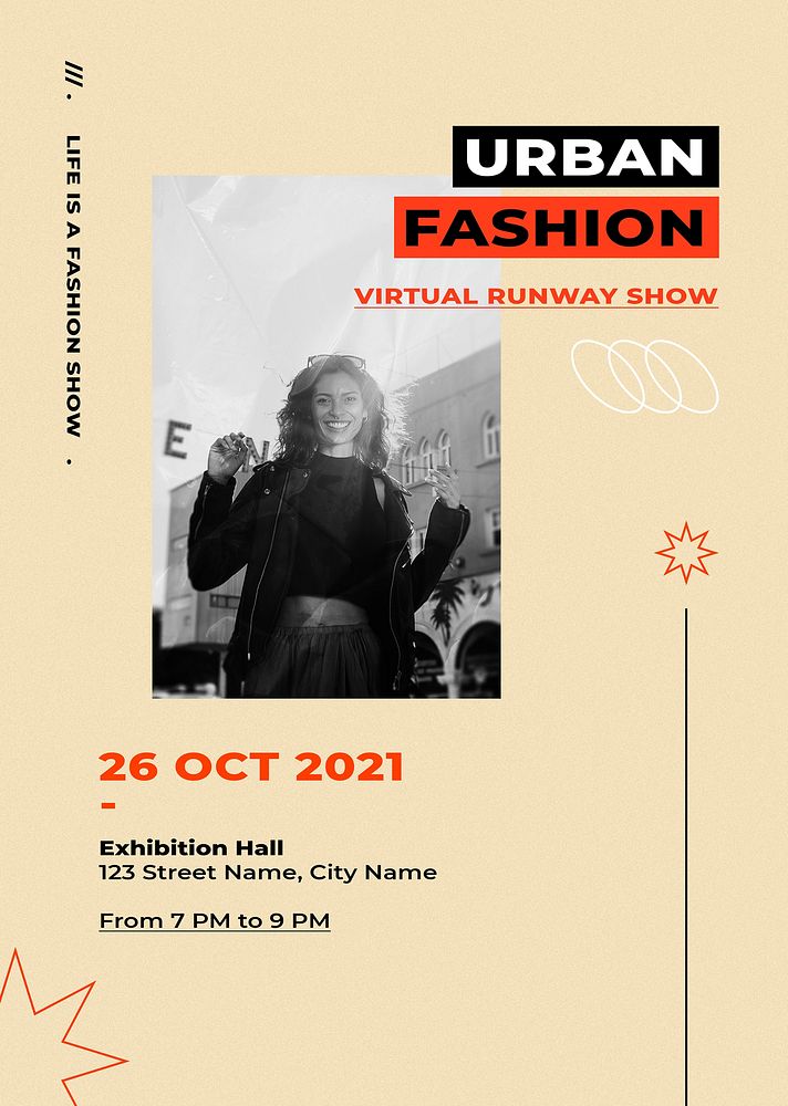 Fashion event poster template psd with retro color background for fashion and trends influencers concept