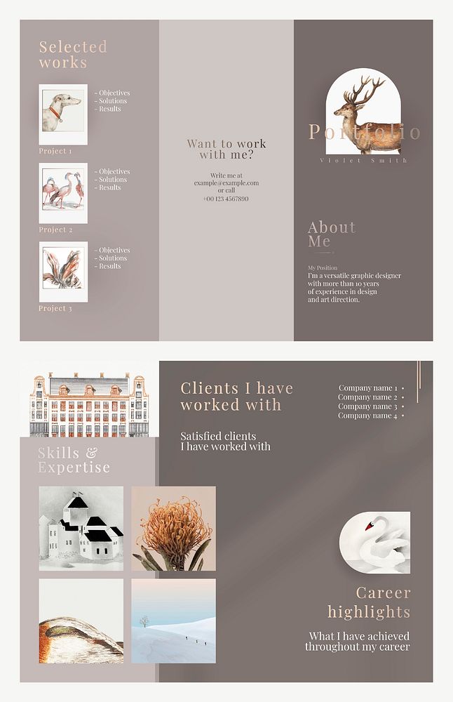 Tri-fold business brochure template vector in elegant design for an art company