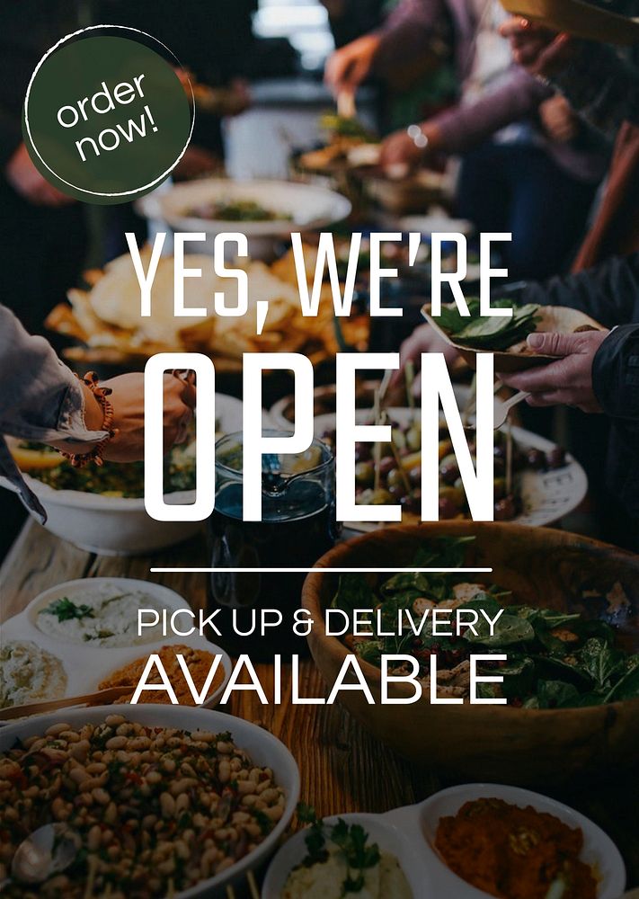 Restaurant business poster template psd with yes, we&rsquo;re open text