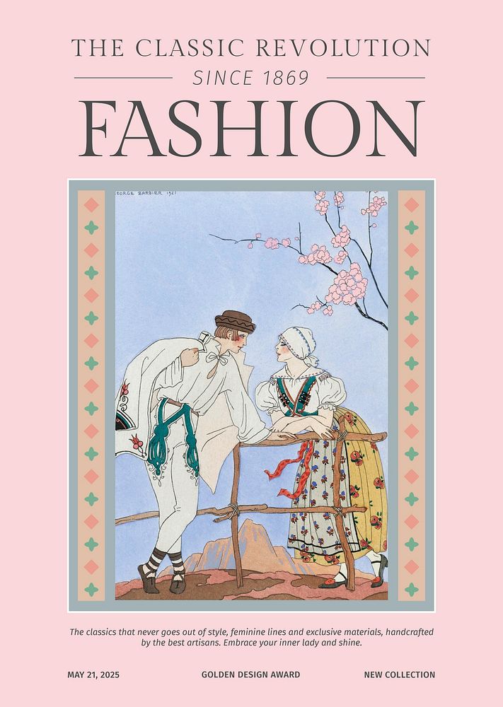 Vintage fashion template psd poster in stylish magazine style, remix from artworks by George Barbier