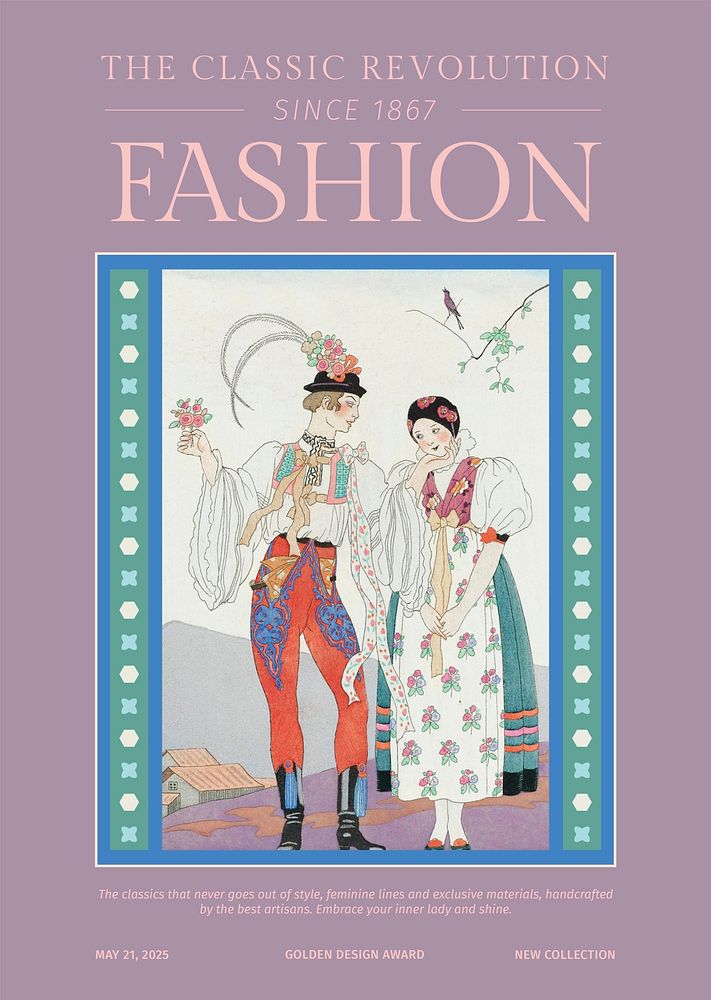 Vintage fashion template psd poster in stylish magazine style, remix from artworks by George Barbier