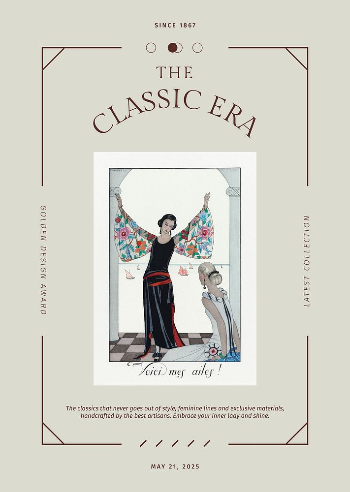 Editable vintage fashion poster template psd, remix from artworks by George Barbier