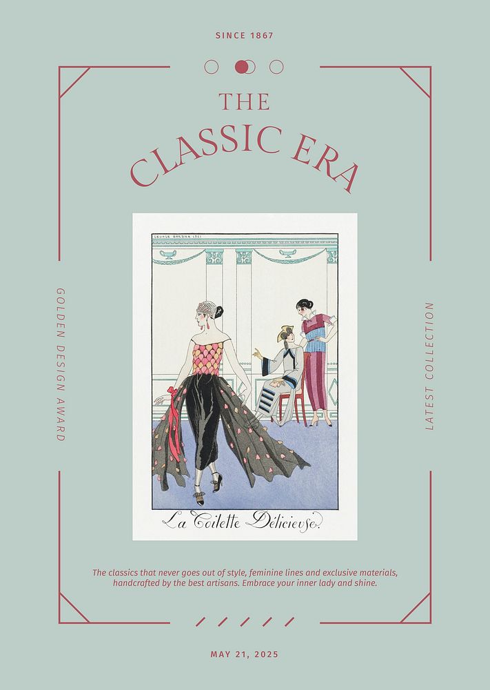 Editable template psd for vintage fashion poster, remix from artworks by George Barbier