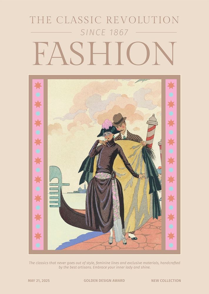 Vintage fashion template psd poster in stylish magazine style, remix from artworks by George Barbier