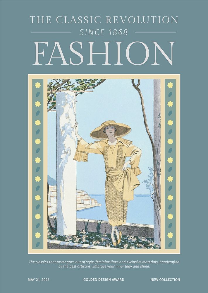 Vintage fashion template psd poster in stylish magazine style, remix from artworks by George Barbier