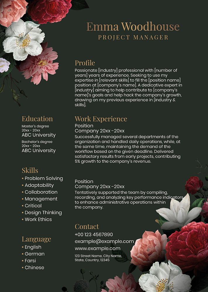 Floral resume editable template vector in green