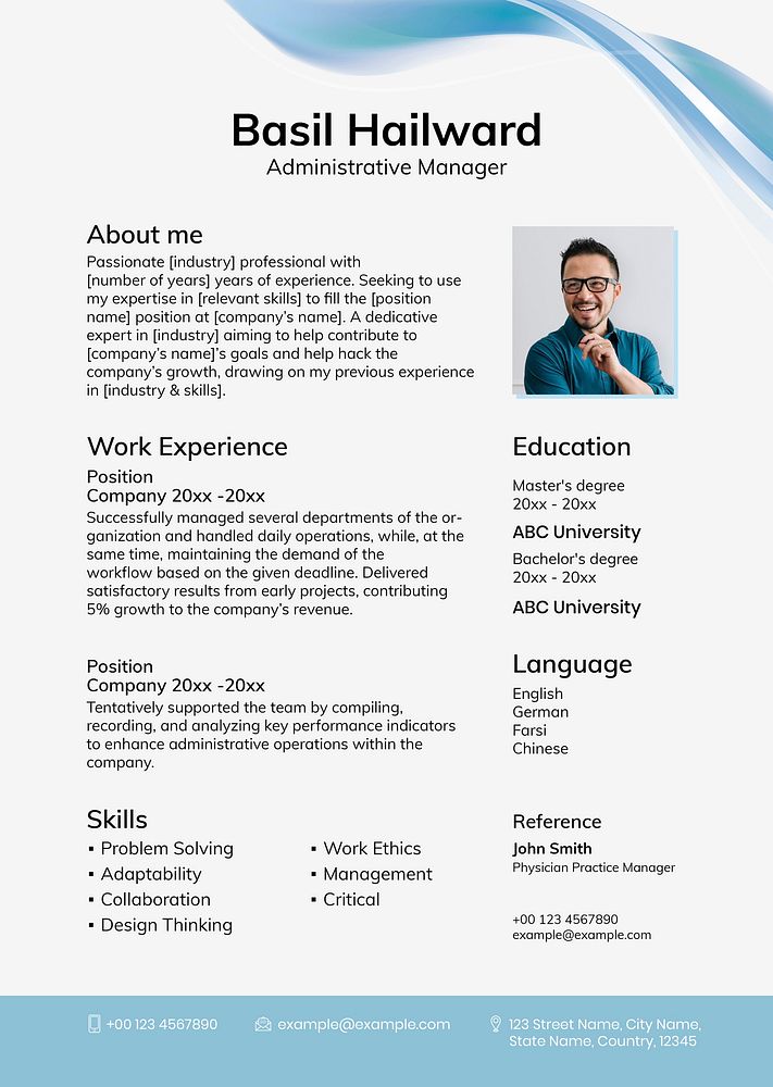 Blue abstract resume template vector with photo