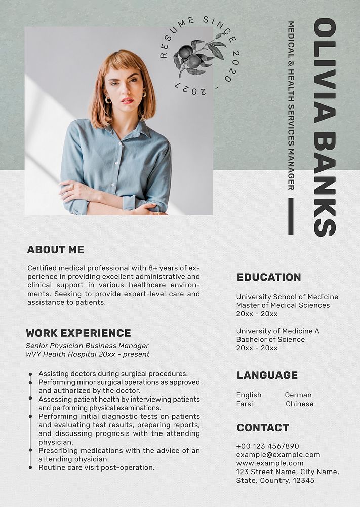 Editable resume template vector in minimal botanical theme with photo