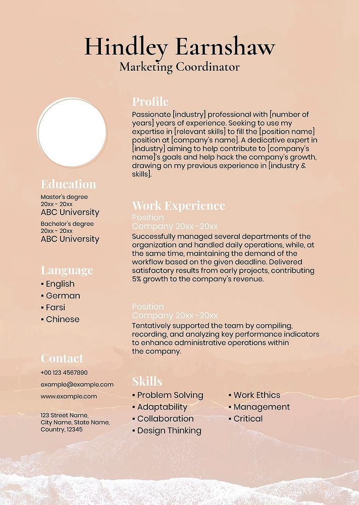 Pastel aesthetic resume template psd in orange