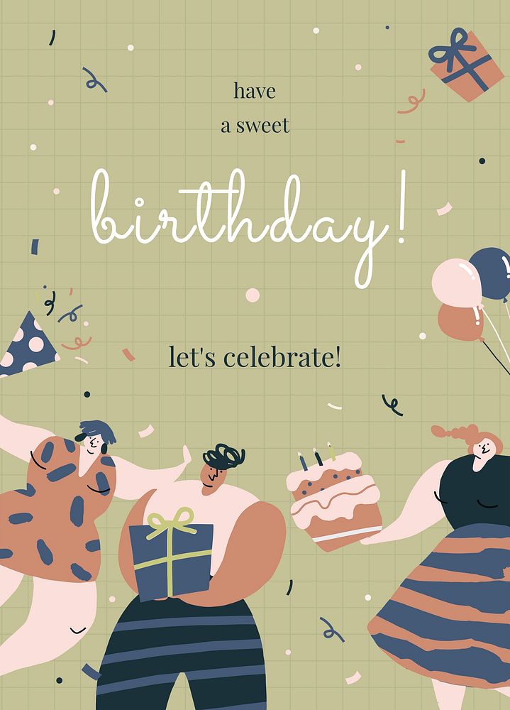Birthday greeting template psd with celebrating characters