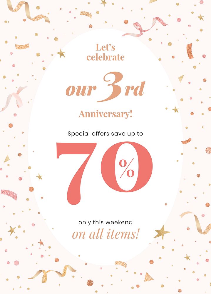 Anniversary sale template vector with 70% off for social media post