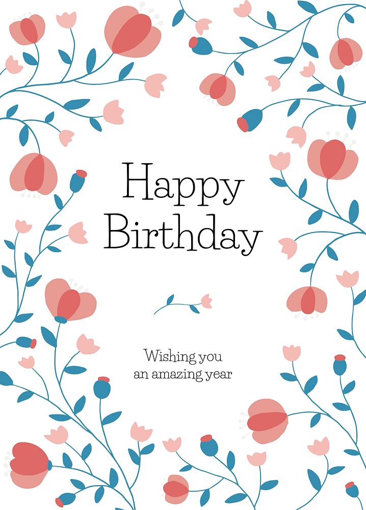 Birthday greeting card template vector with floral frame