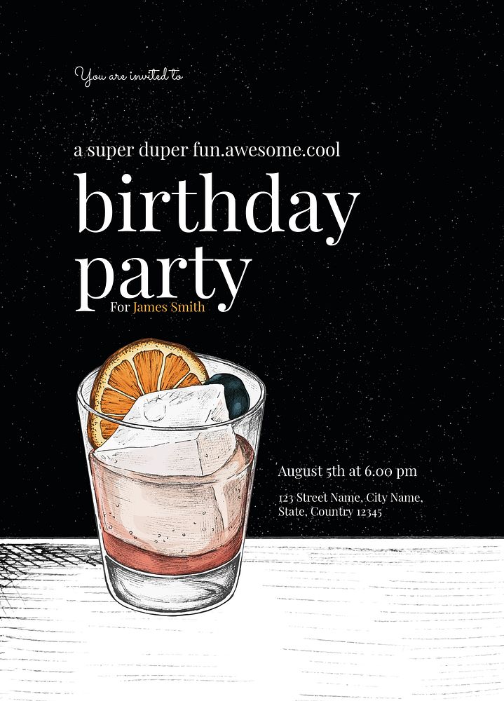 Gentleman birthday invitation template psd with cocktail illustration
