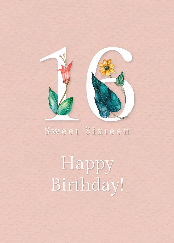 16th birthday greeting template vector with floral number illustration