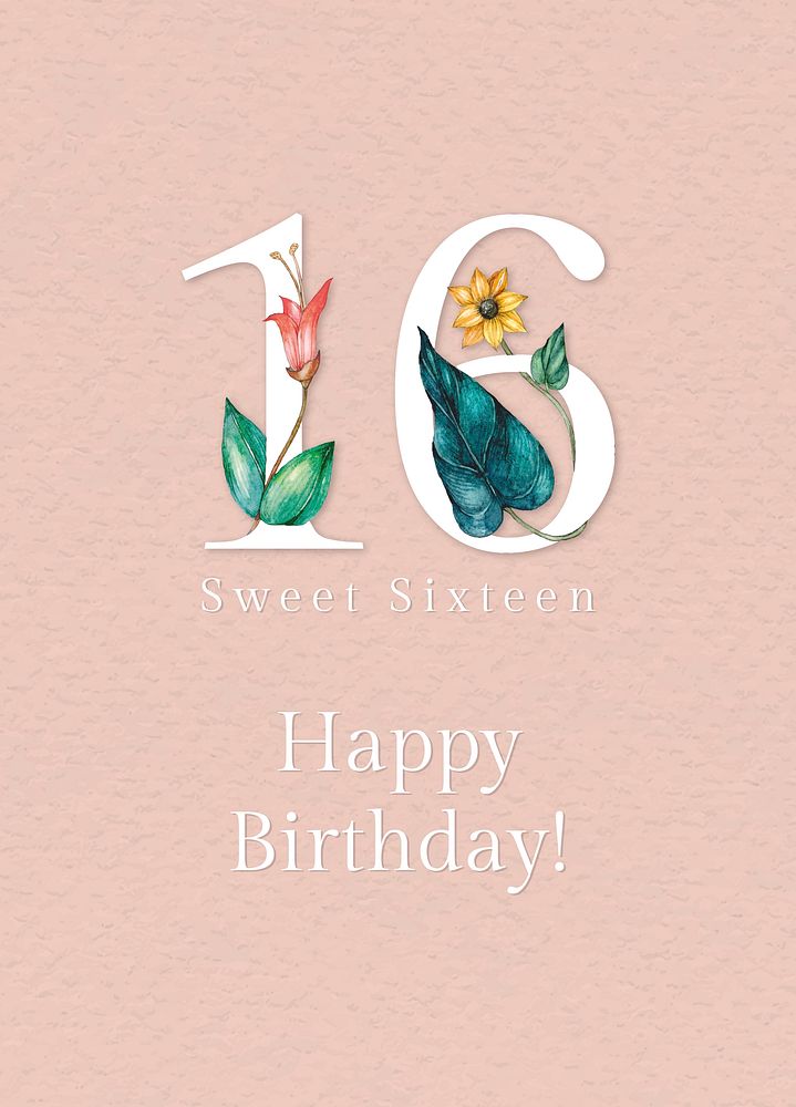 16th birthday greeting template psd with floral number illustration